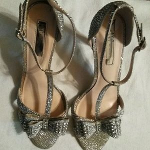 Rhinestone Silver TStrap Pumps with Bow
